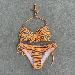 Vintage Y2K True Crush Orange Tiger Stripe Triangle Pushup Bikini Small/Medium
